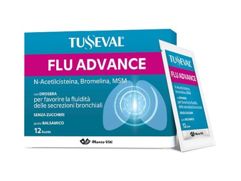 TUSSEVAL FLU ADVANCE 12 BUSTE MONODOSE DA 4 G GUSTO BALSAMICO SENZA ZUCCHERI CON EDULCORANTI SENZA GLUTINE SENZA LATTOSIO