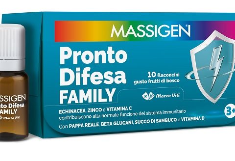MASSIGEN PRONTO DIFESA FAMILY 10 FLACONCINI DA 10 ML GUSTO FRUTTI DI BOSCO CON ZUCCHERO ED EDULCORANTE SENZA GLUTINE SENZA LATTOSIO